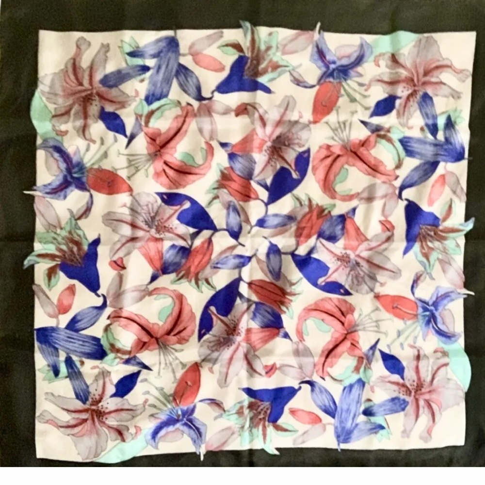 Vintage Silk Neck Scarf Lilies Multicolored Hand Rolled Square 33x33”